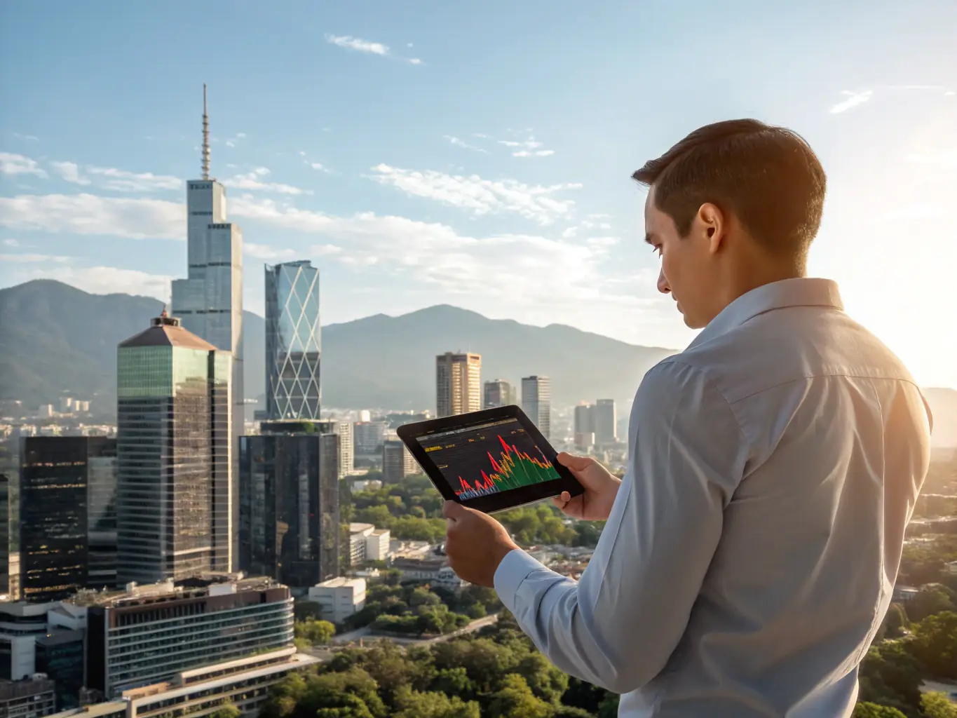 An image of a financial advisor analyzing market graphs on a digital tablet with Mexico City skyline in the background, symbolizing investment strategies tailored for the Mexican market.