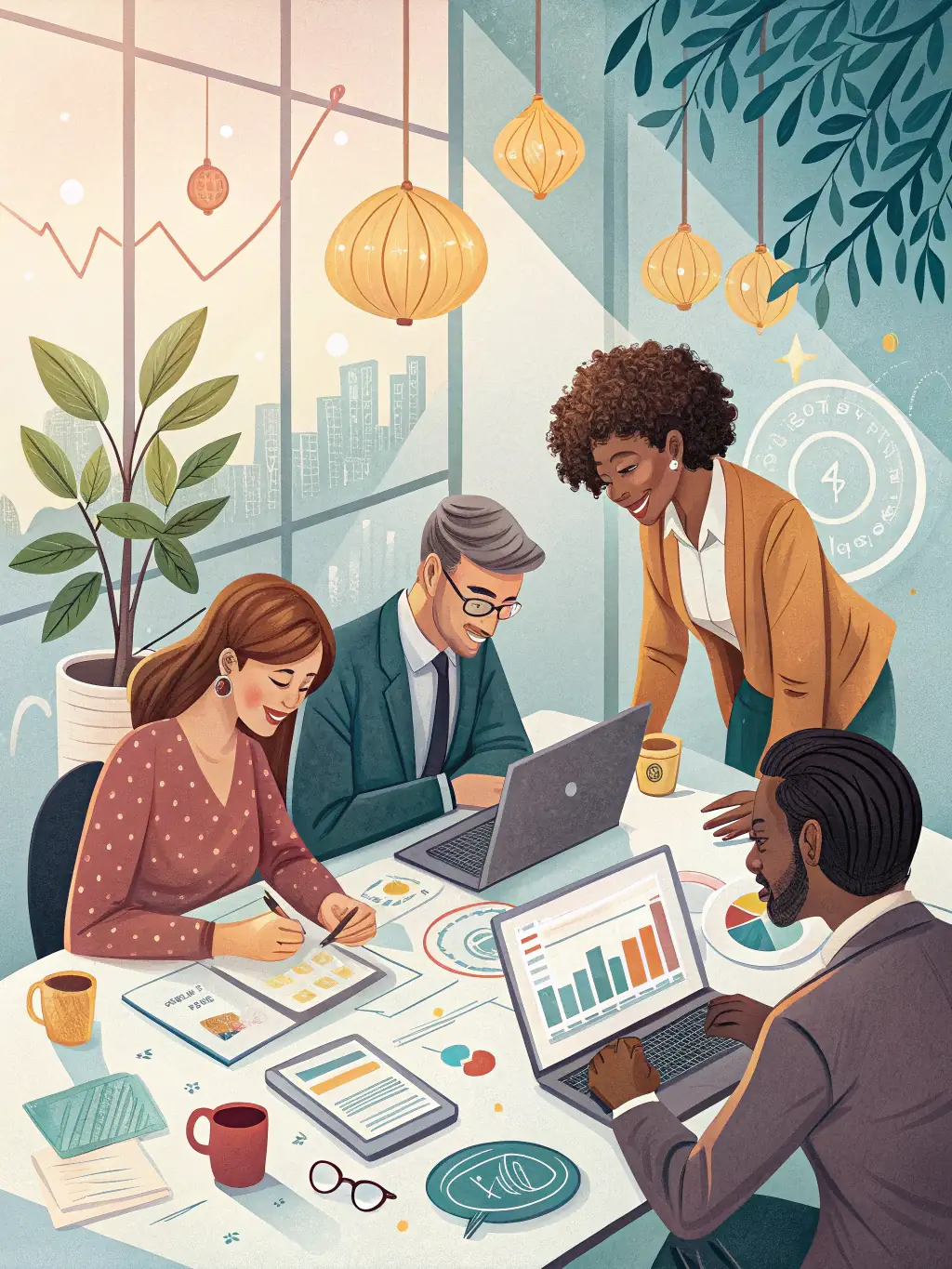 A diverse team of financial experts collaborating in a modern office, showcasing the collective knowledge and experience available to our clients.