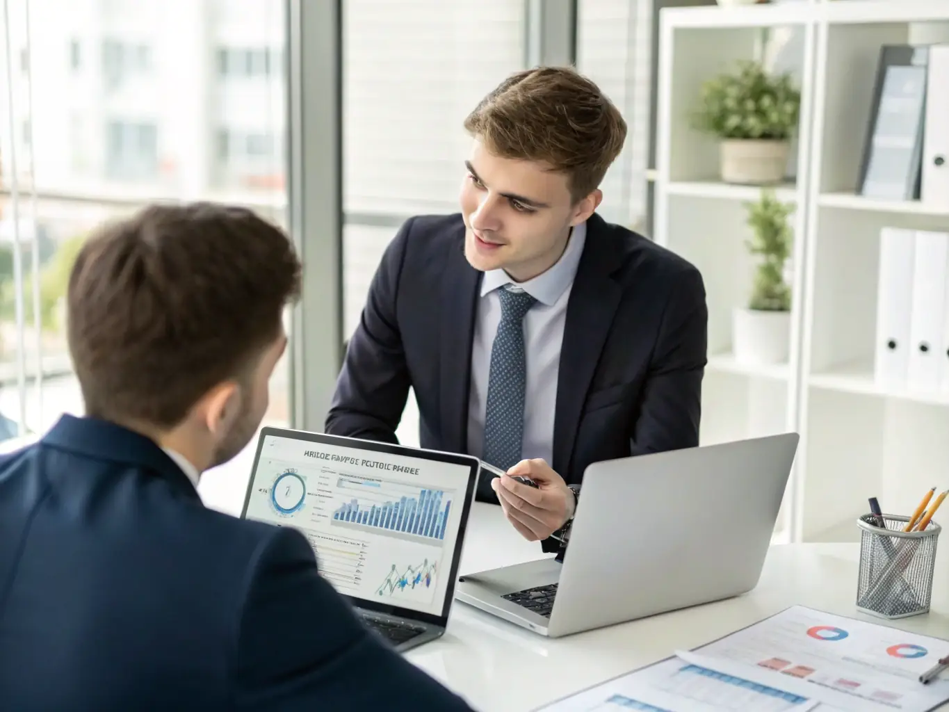A professional financial advisor discussing plans with a client in a modern office setting, representing wealth management services.