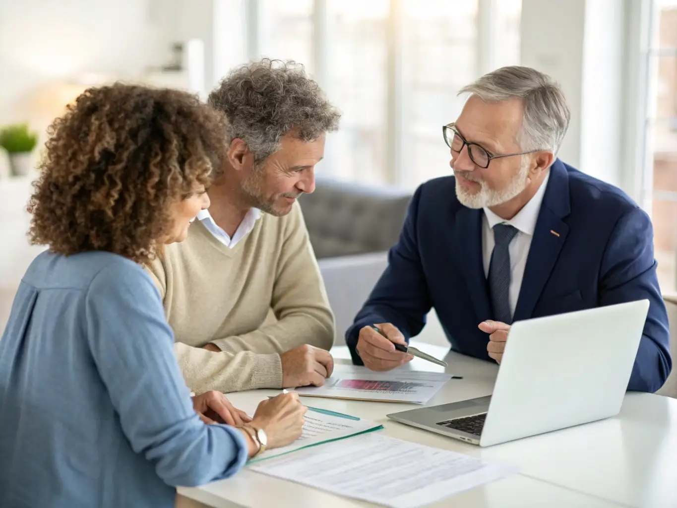 A couple reviewing financial documents with a consultant in a bright, professional office, illustrating financial planning services.