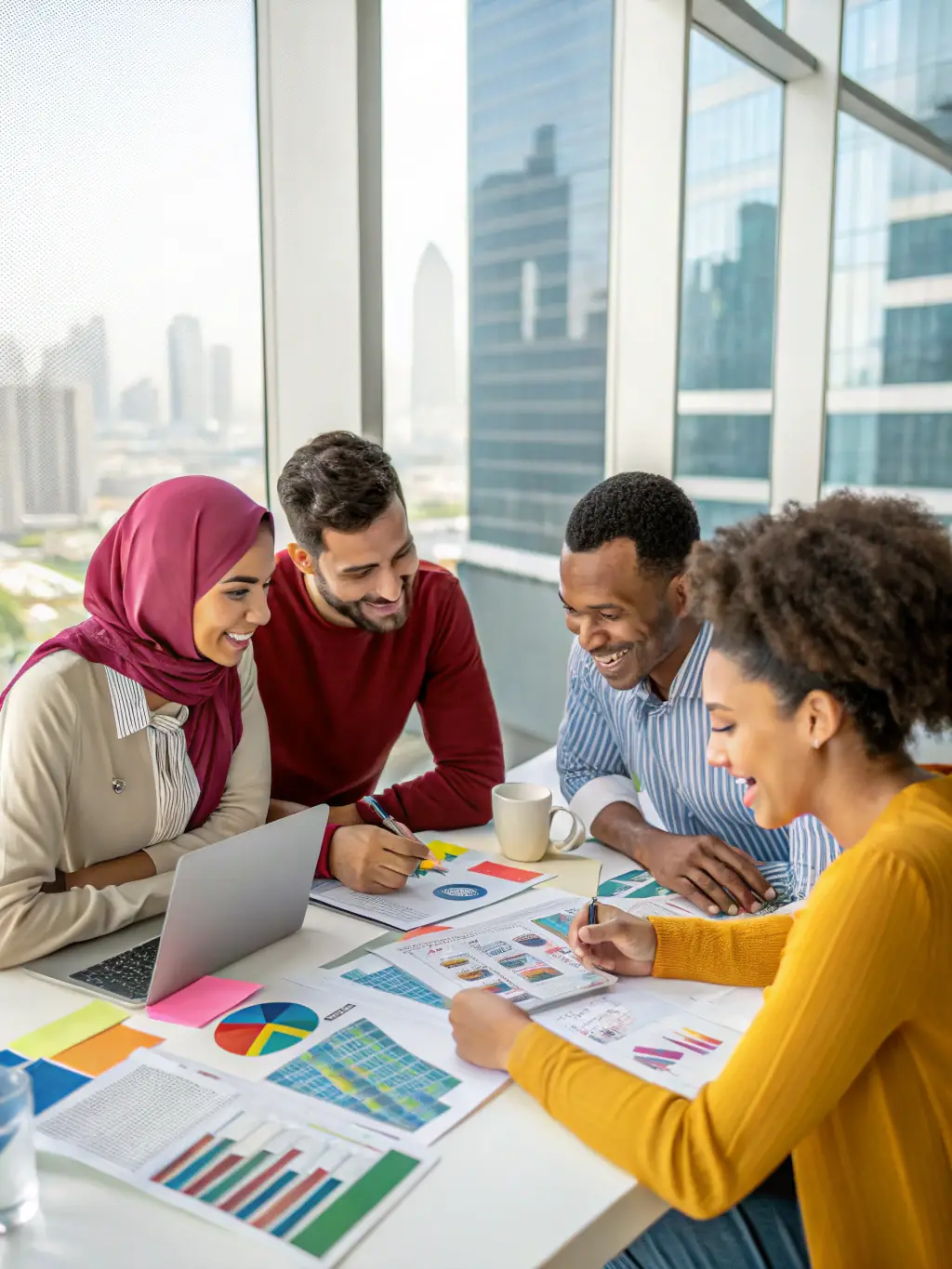 A diverse group of professionals collaborating on financial charts and graphs in a modern office, representing comprehensive financial solutions.