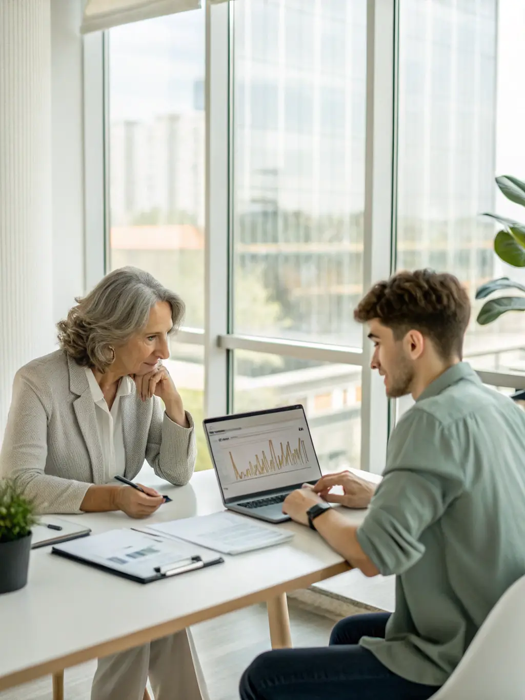 A financial advisor meeting with a client in a bright, modern office, discussing financial plans and goals.