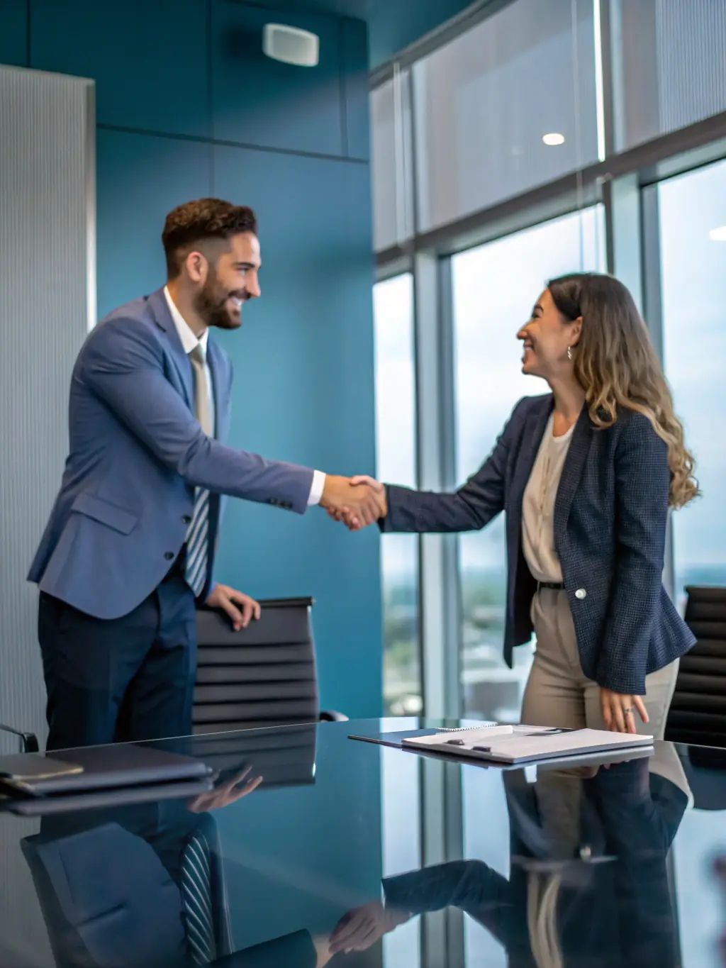 A professional businessman in a suit shaking hands with a businesswoman in a modern office setting, symbolizing a successful investment strategy consultation.