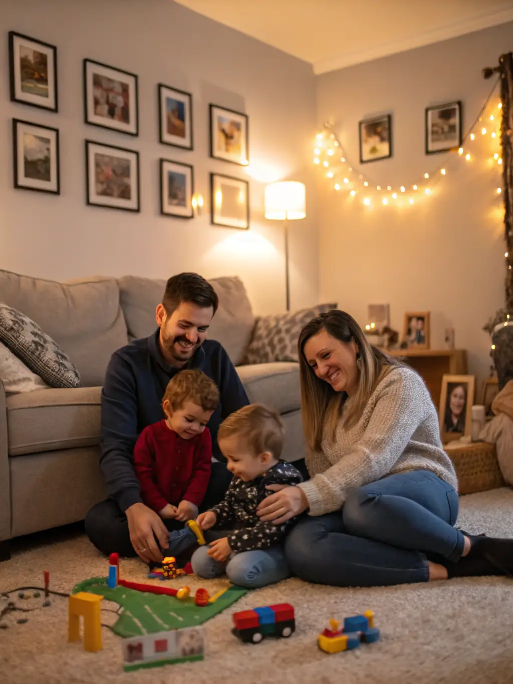 An elegant, modern home interior with a family gathered, representing wealth management and financial security.
